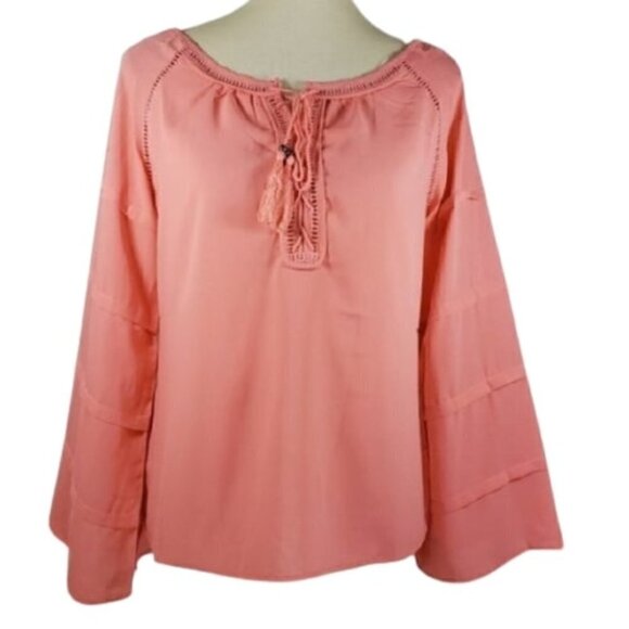 ☀ Mocha Long Sleeve Lace Up Neck Blouse Sz Medium - Picture 2 of 7